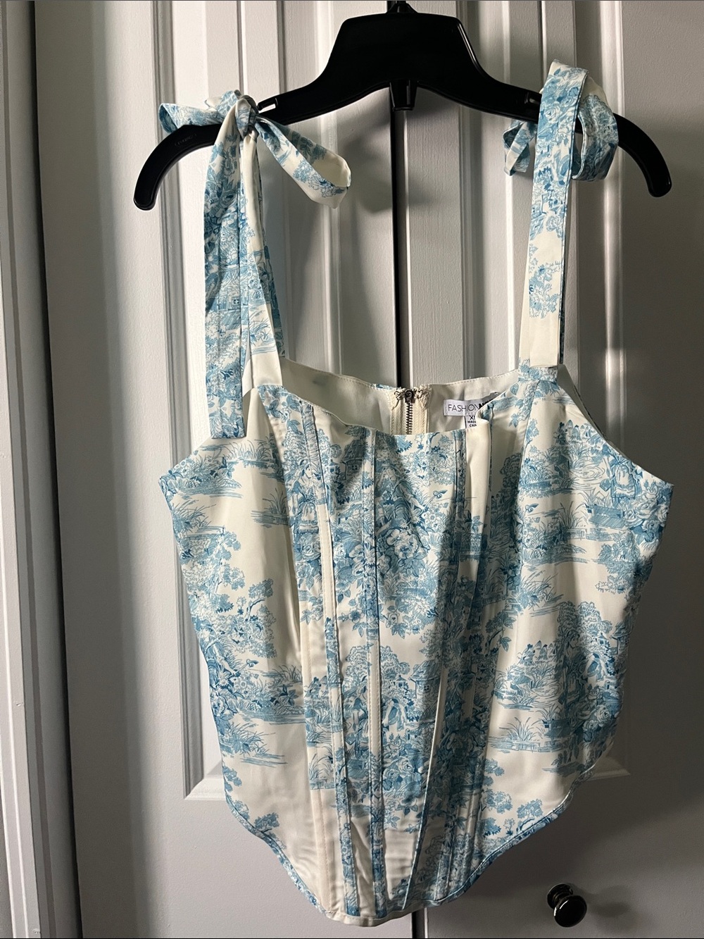 Fashion Nova Cream and Light Blue Toile Tie-Shoulder Corset Camisole